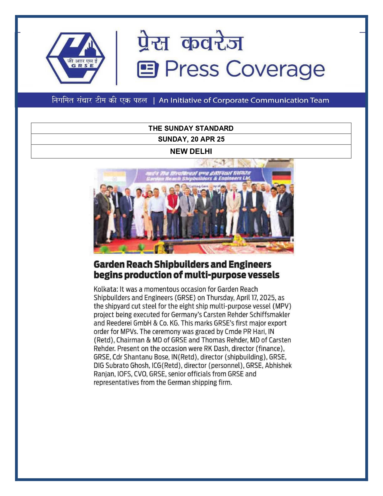 Press Coverage : GRSE CELEBRATES 66Th RAISING DAY 